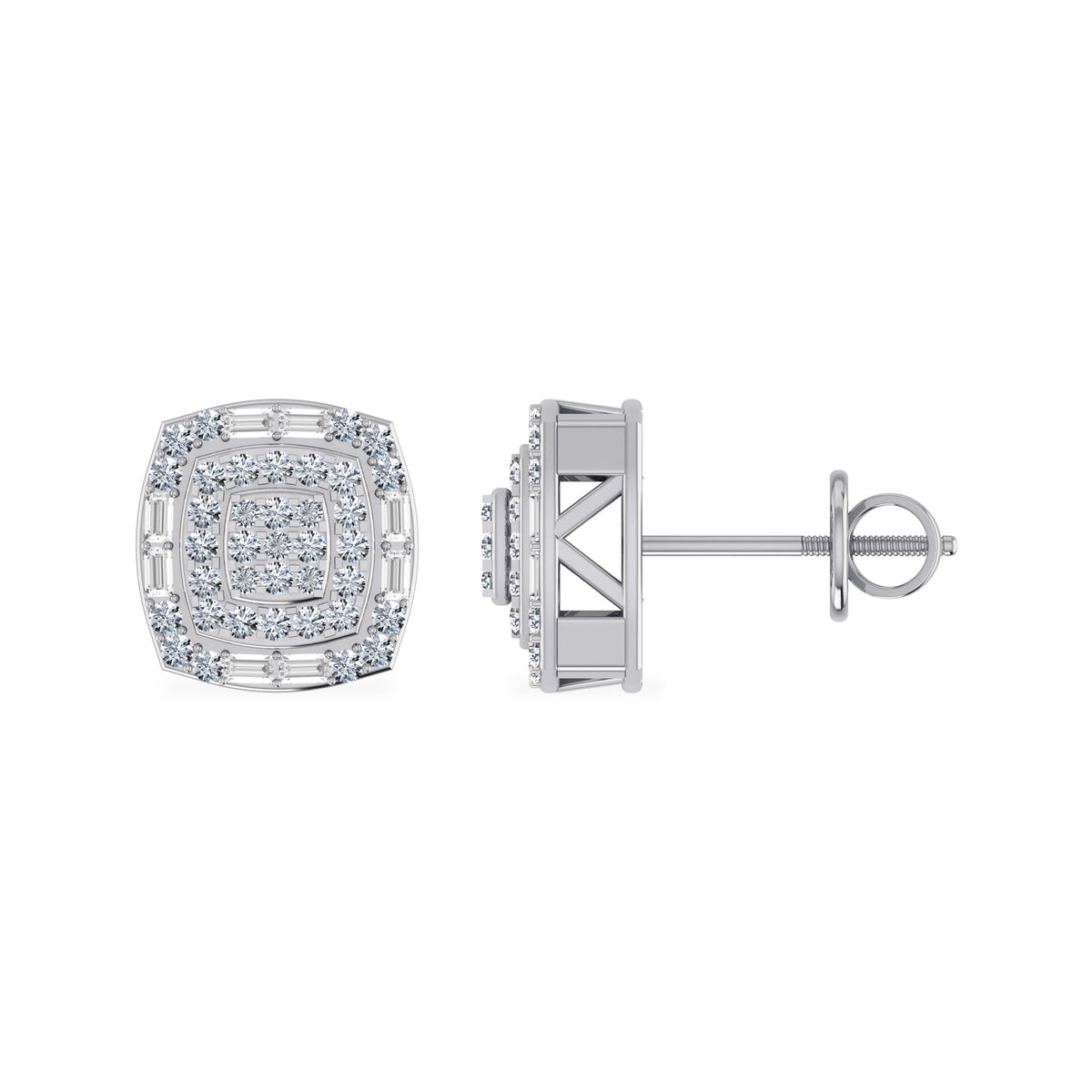 10K White Gold Round Diamond Square Shape Stud Earrings 5/8 Cttw
