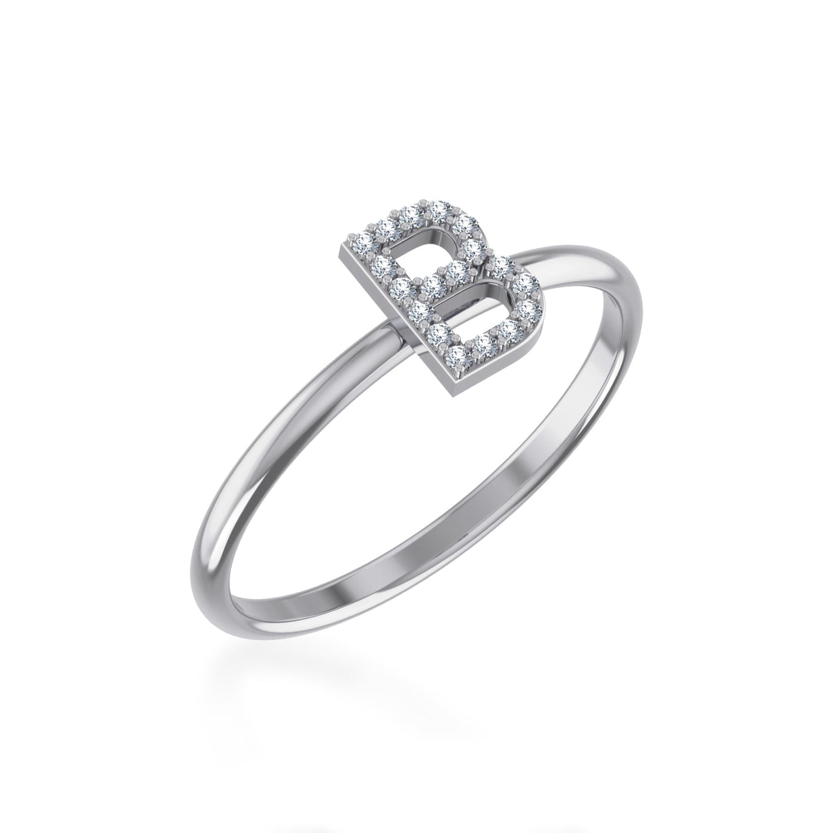 10K White Gold Womens Round Diamond B Initial Letter Ring 1/20 Cttw