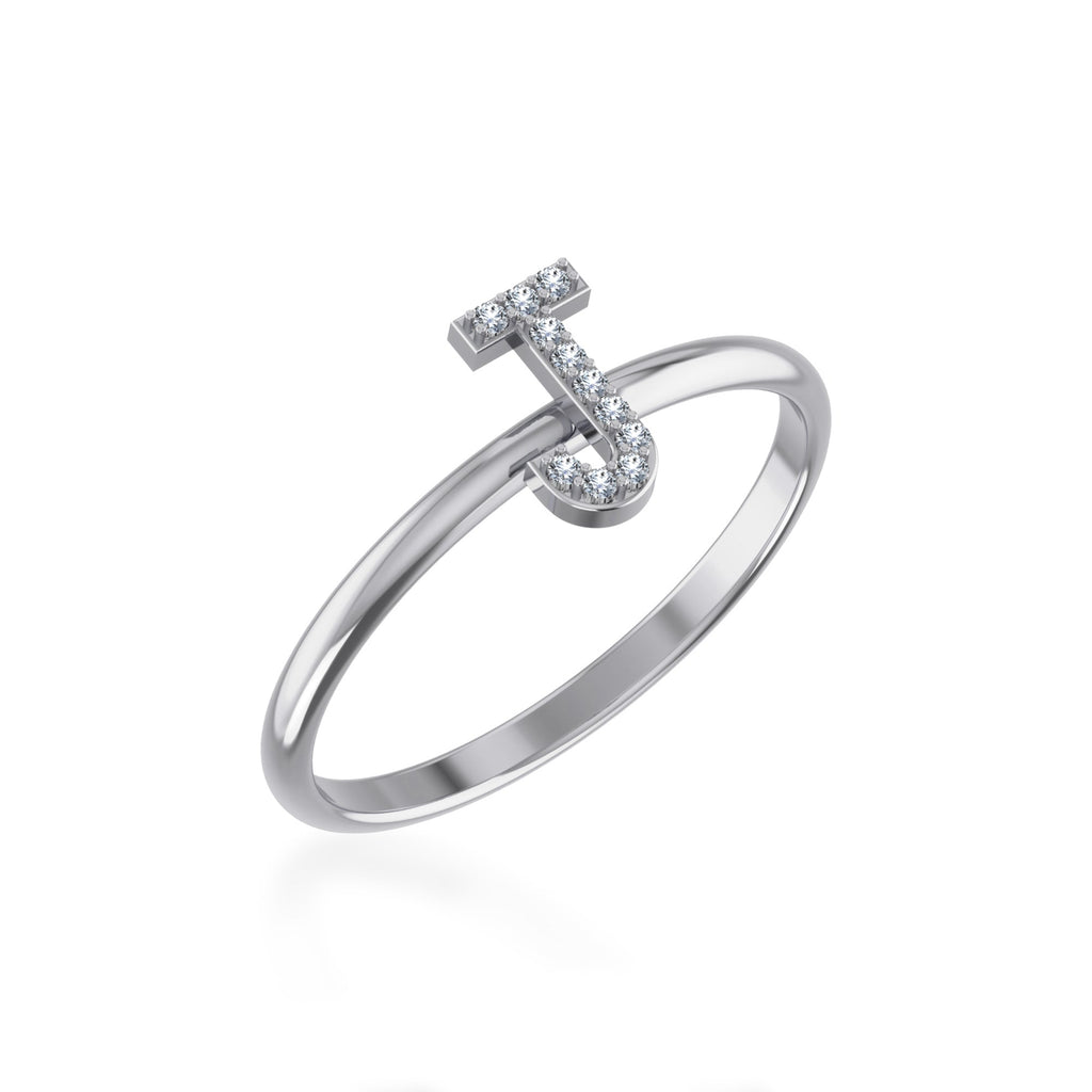 10K White Gold Womens Round Diamond J Initial Letter Ring 1/25 Cttw