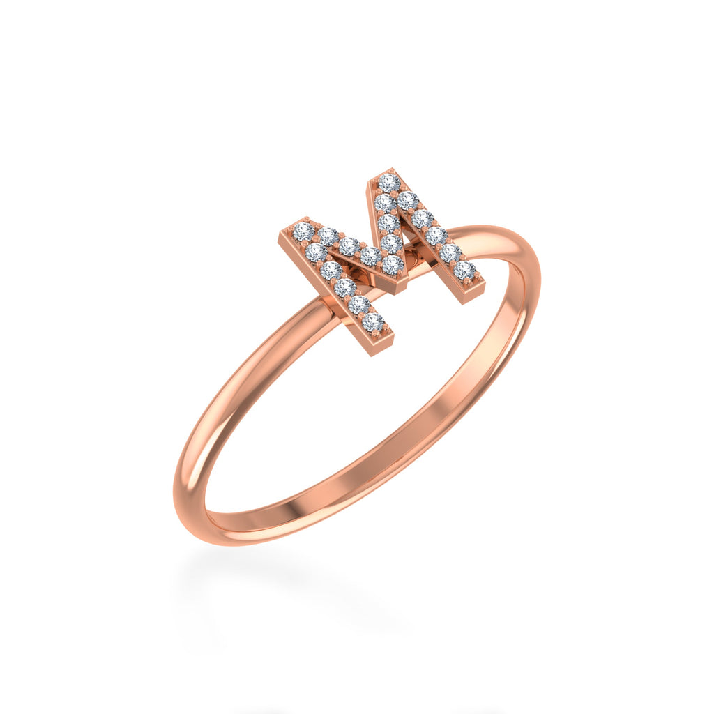 10K Rose Gold Womens Round Diamond M Initial Letter Ring 1/10 Cttw