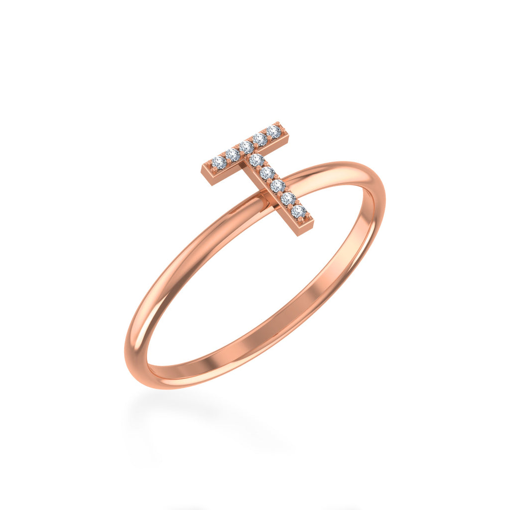 10K Rose Gold Womens Round Diamond T Initial Letter Ring 1/25 Cttw