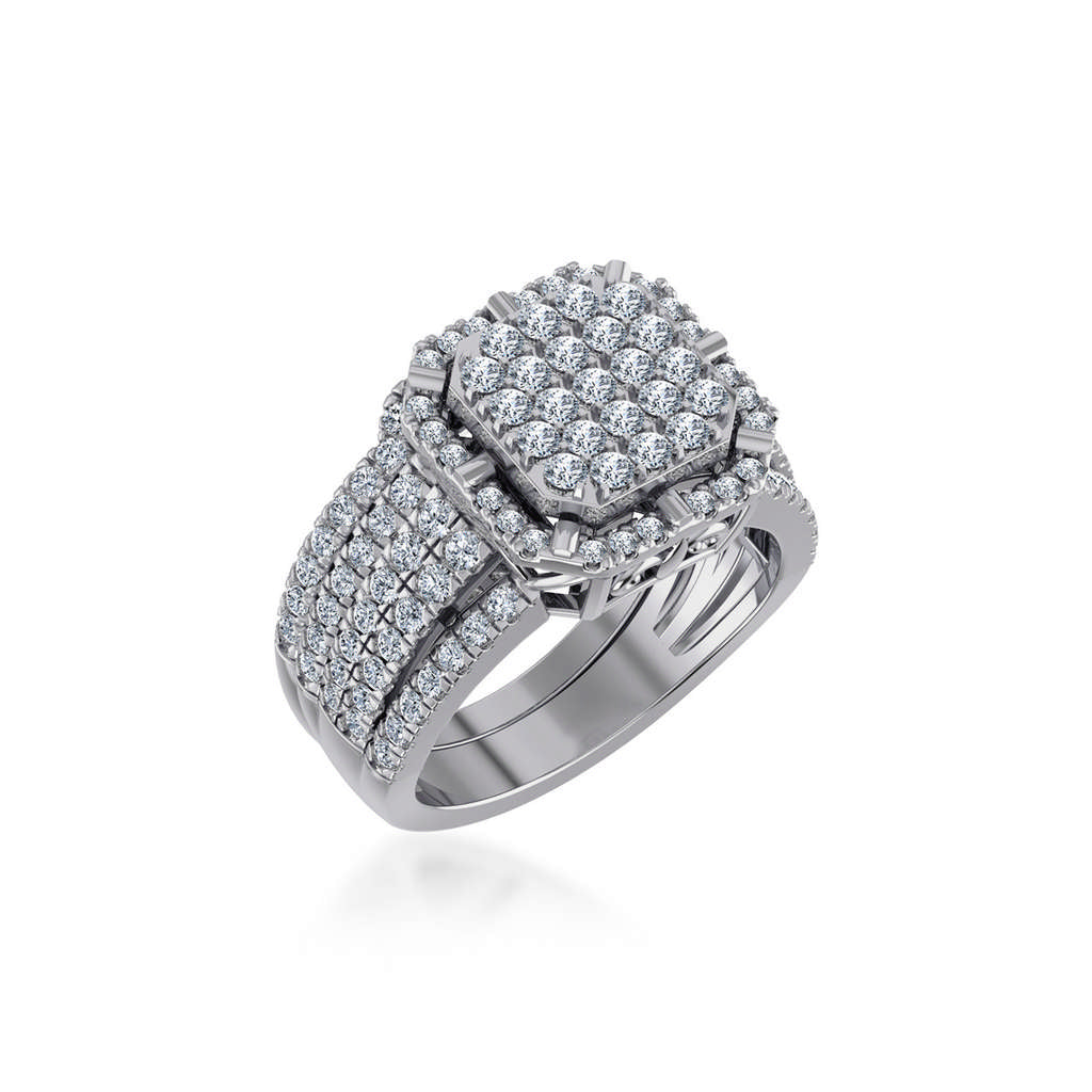 10K White Gold Round Diamond Halo Big Bridal Cluster Ring 1-1/2 Cttw