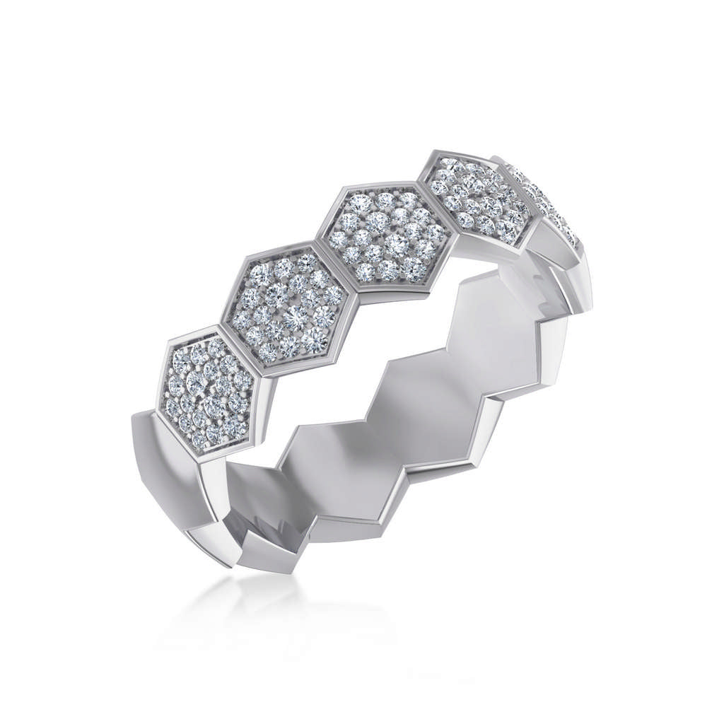 14K White Gold Round Diamond Prong Set Designer Couple Band 3/8 Cttw