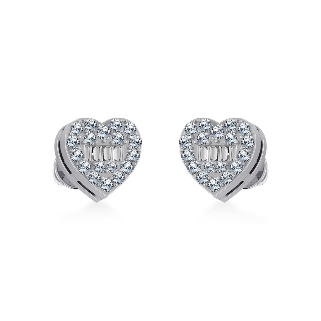 10K White Gold Round Baguette Diamond Heart Shape Cluster Stud Earring 1/5 Cttw