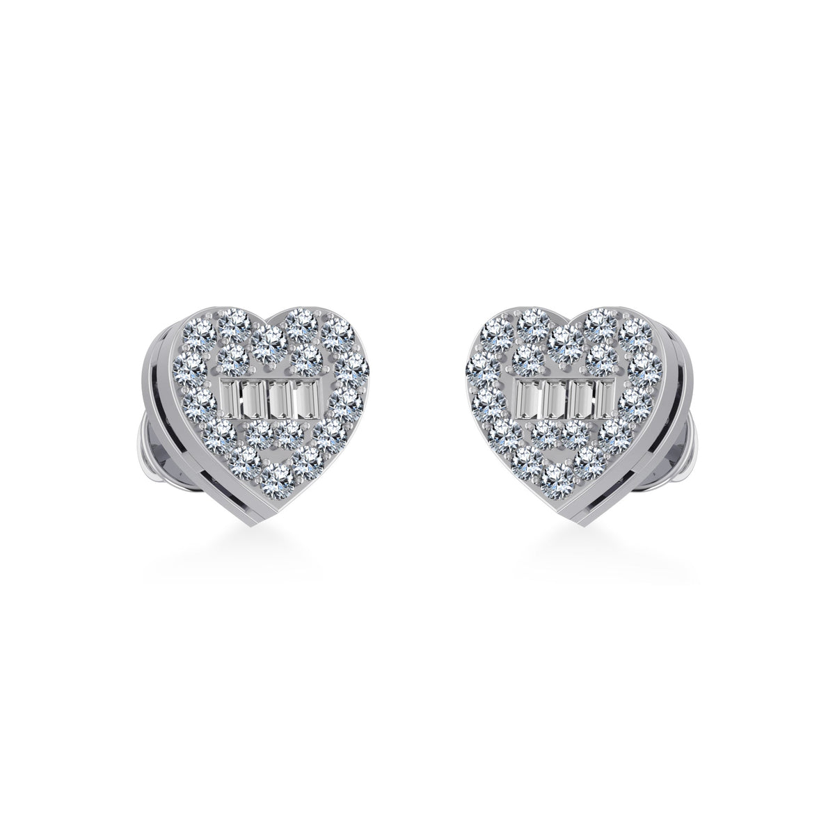 10K White Gold Round Baguette Diamond Heart Shape Cluster Stud Earring 1/5 Cttw