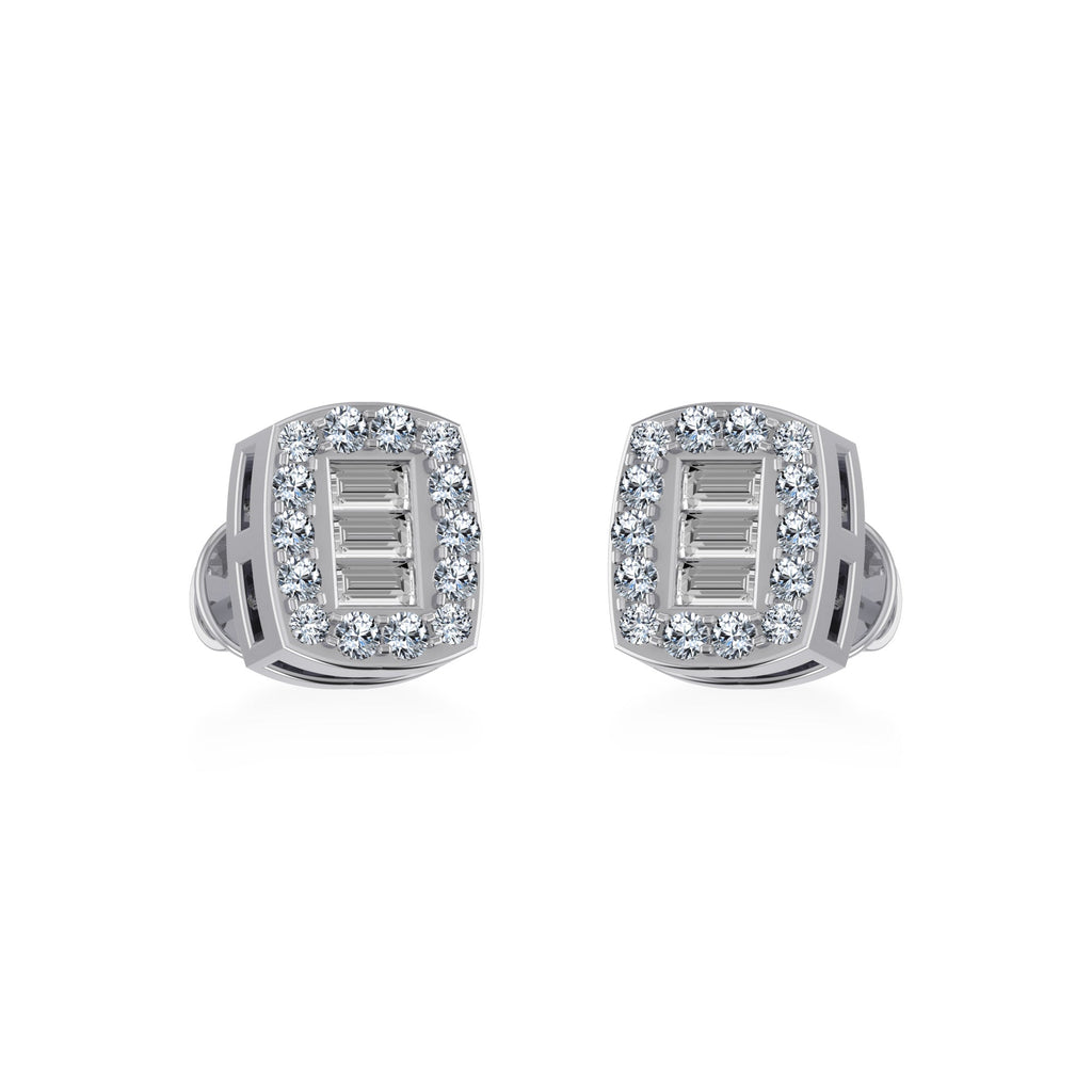 10K White Gold Round Baguette Diamond Square Shape Stud Earrings 1/5 Cttw