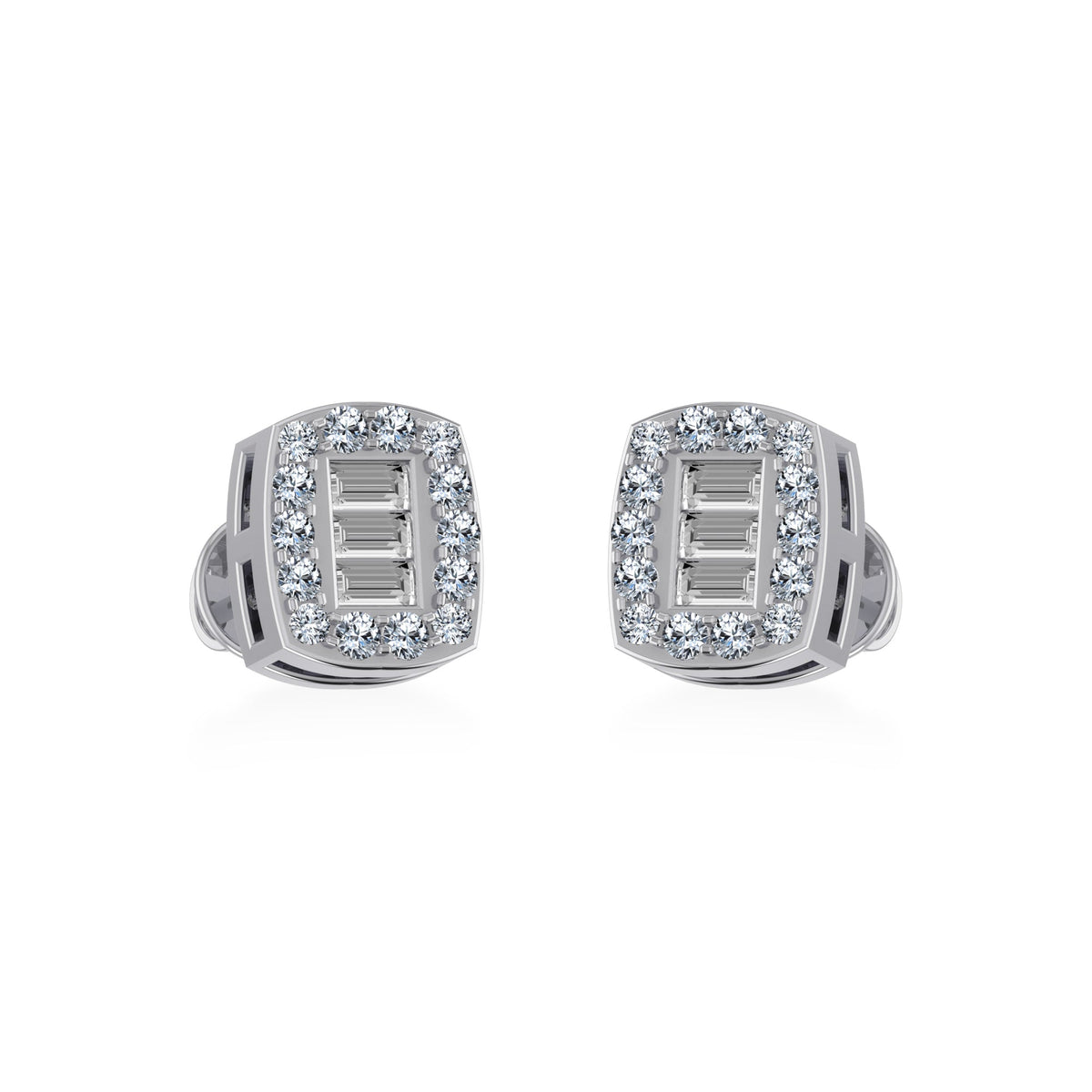 10K White Gold Round Baguette Diamond Square Shape Stud Earrings 1/5 Cttw