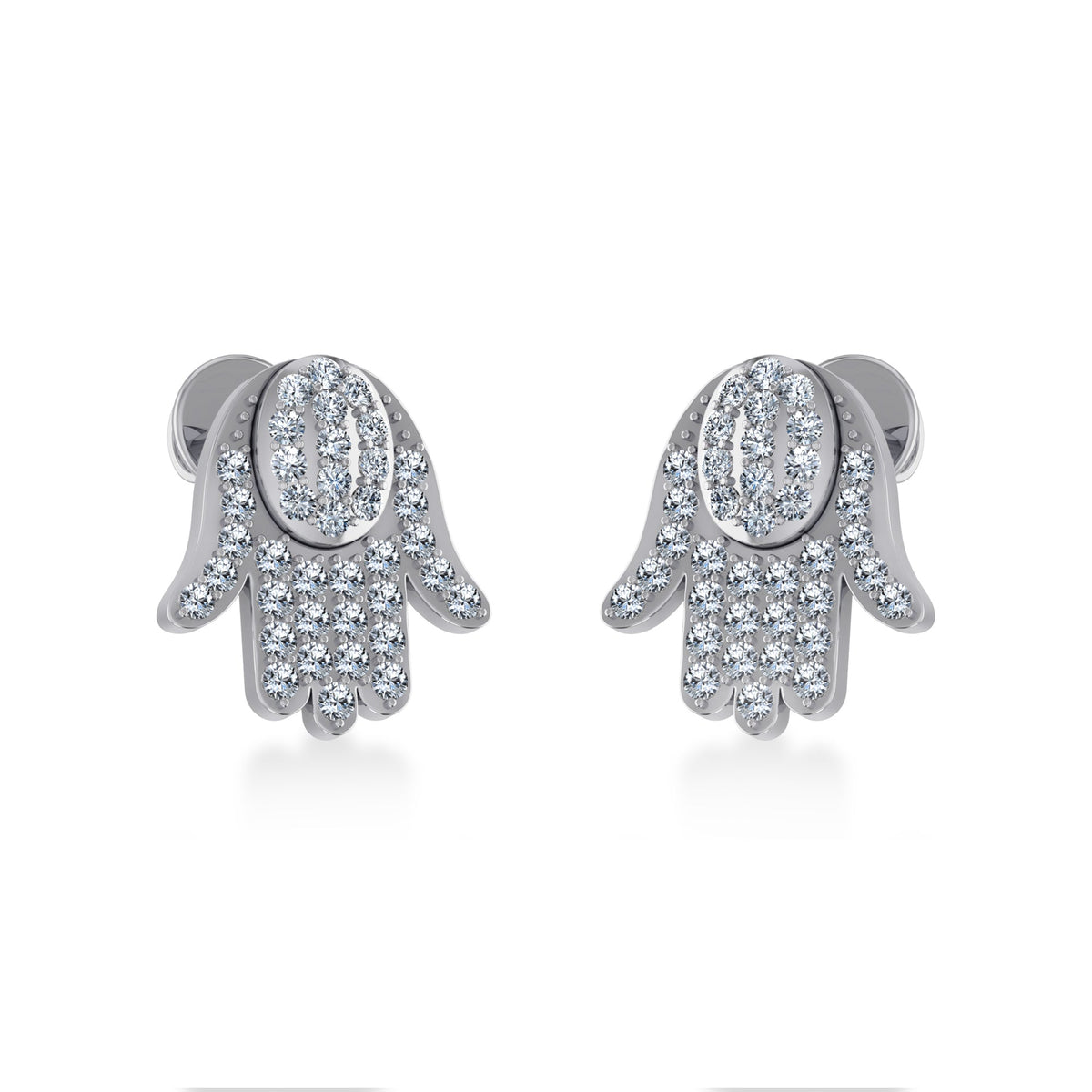 10K White Gold Round Baguette Diamond Hamza Hand Religious Stud Earring 1/5 Cttw