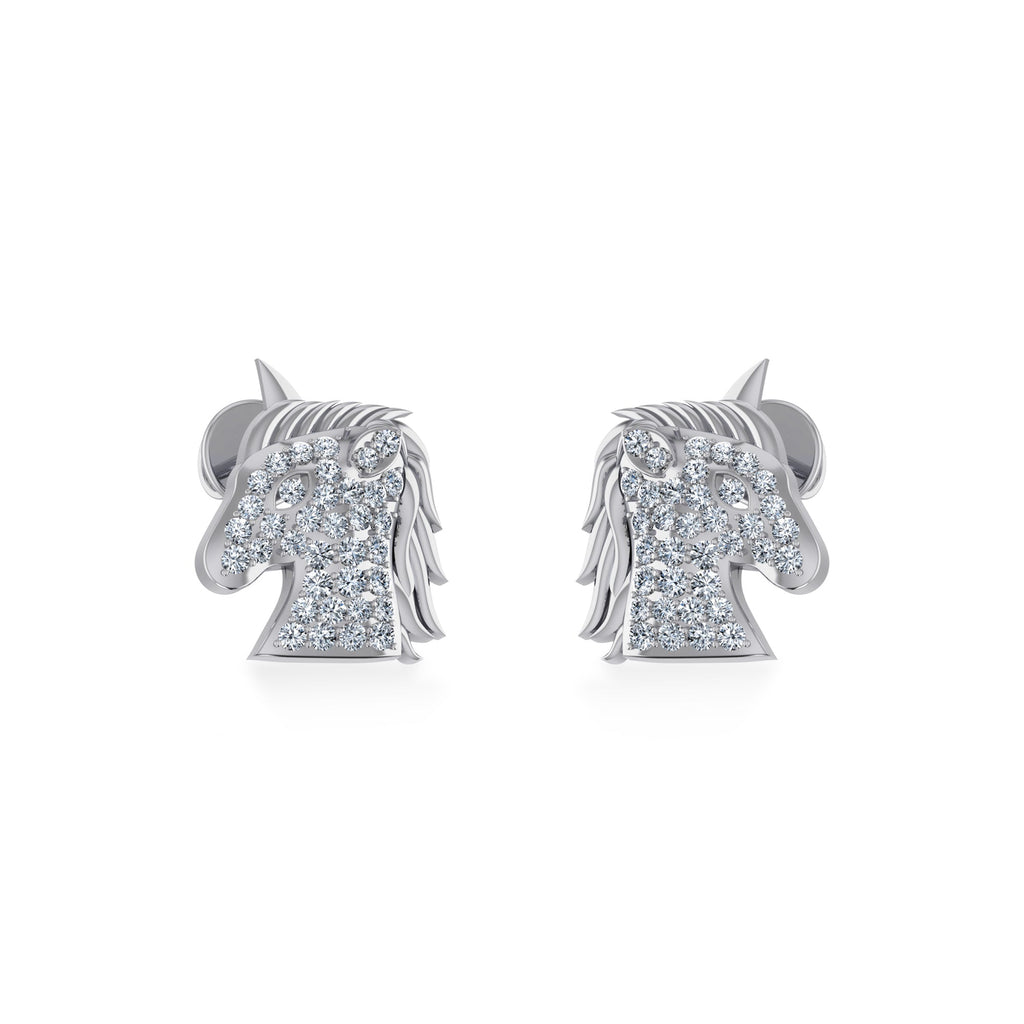 10K White Gold Round Diamond Horse Animal Designer Stud Earring 1/5 Cttw