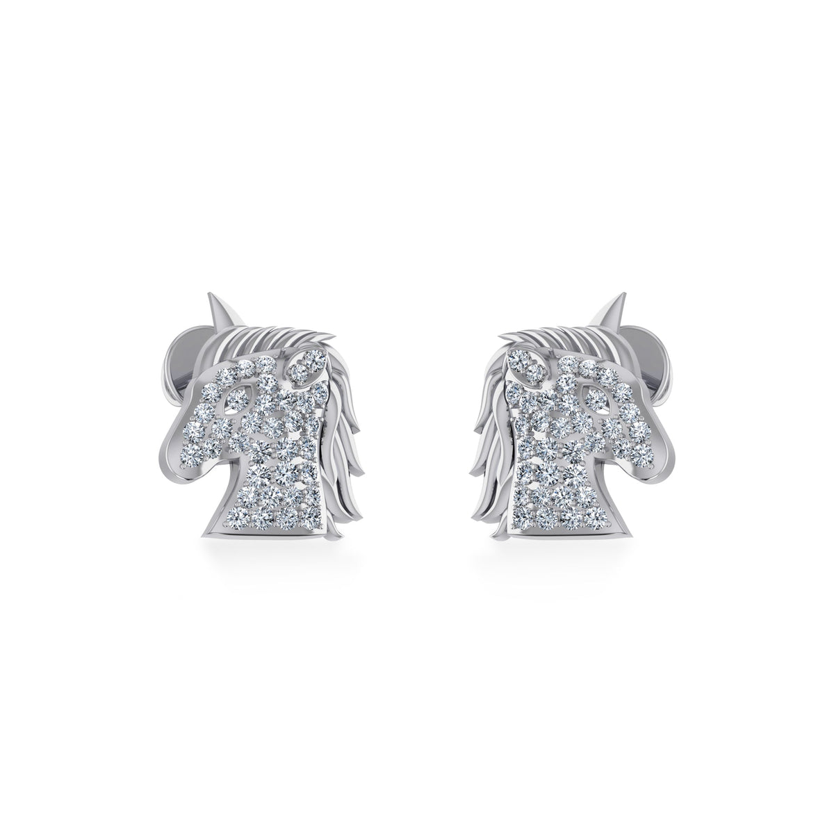 10K White Gold Round Diamond Horse Animal Designer Stud Earring 1/5 Cttw