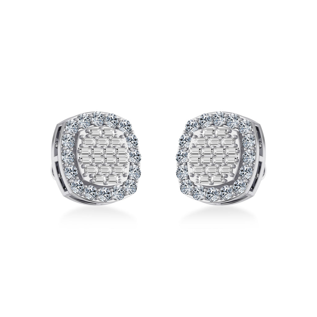 10K White Gold Round Baguette Diamond Stud Earring 1 Cttw