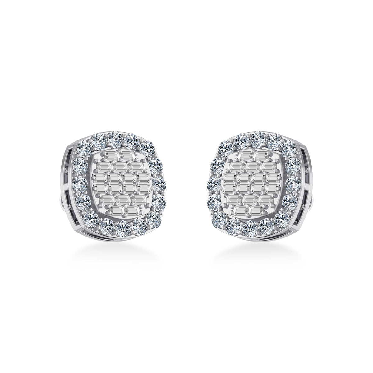 10K White Gold Round Baguette Diamond Stud Earring 1 Cttw