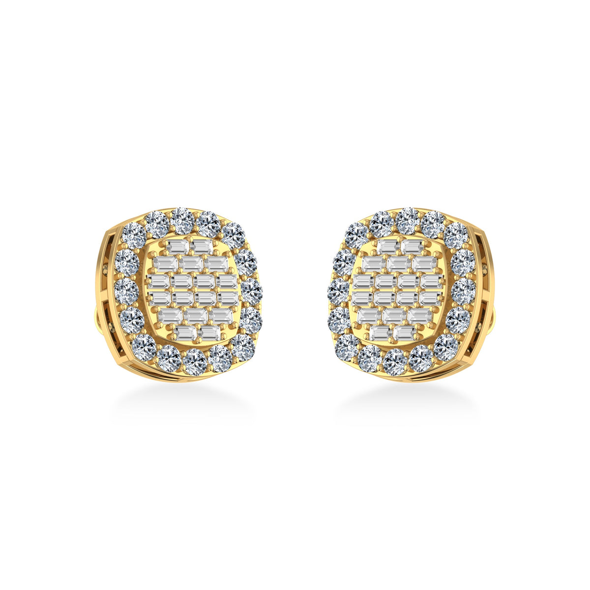 10K Yellow Gold Round Baguette Diamond Stud Earrings 1 Cttw