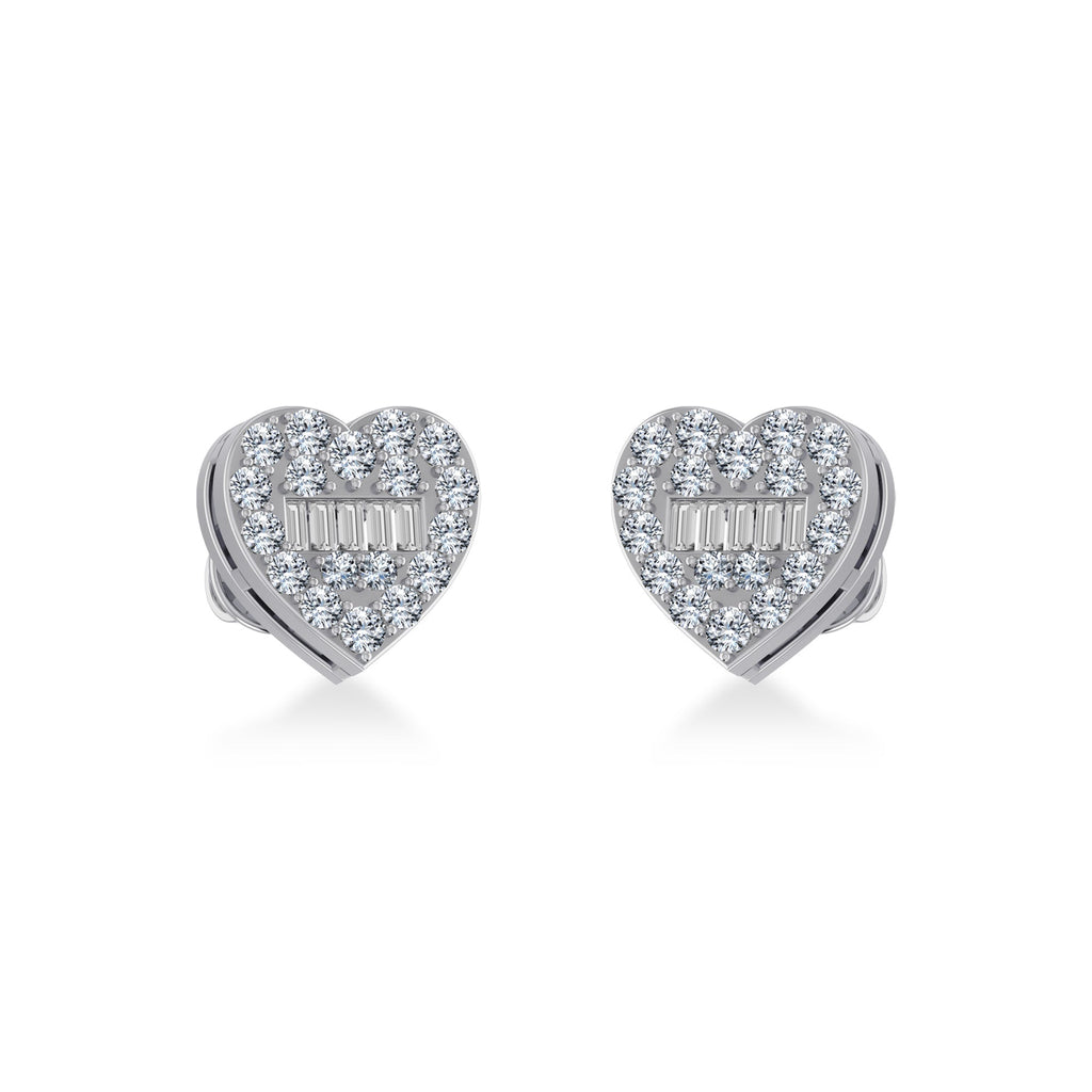14K White Gold Round Baguette Diamond Heart Shape Cluster Stud EarRing 3/8 Cttw
