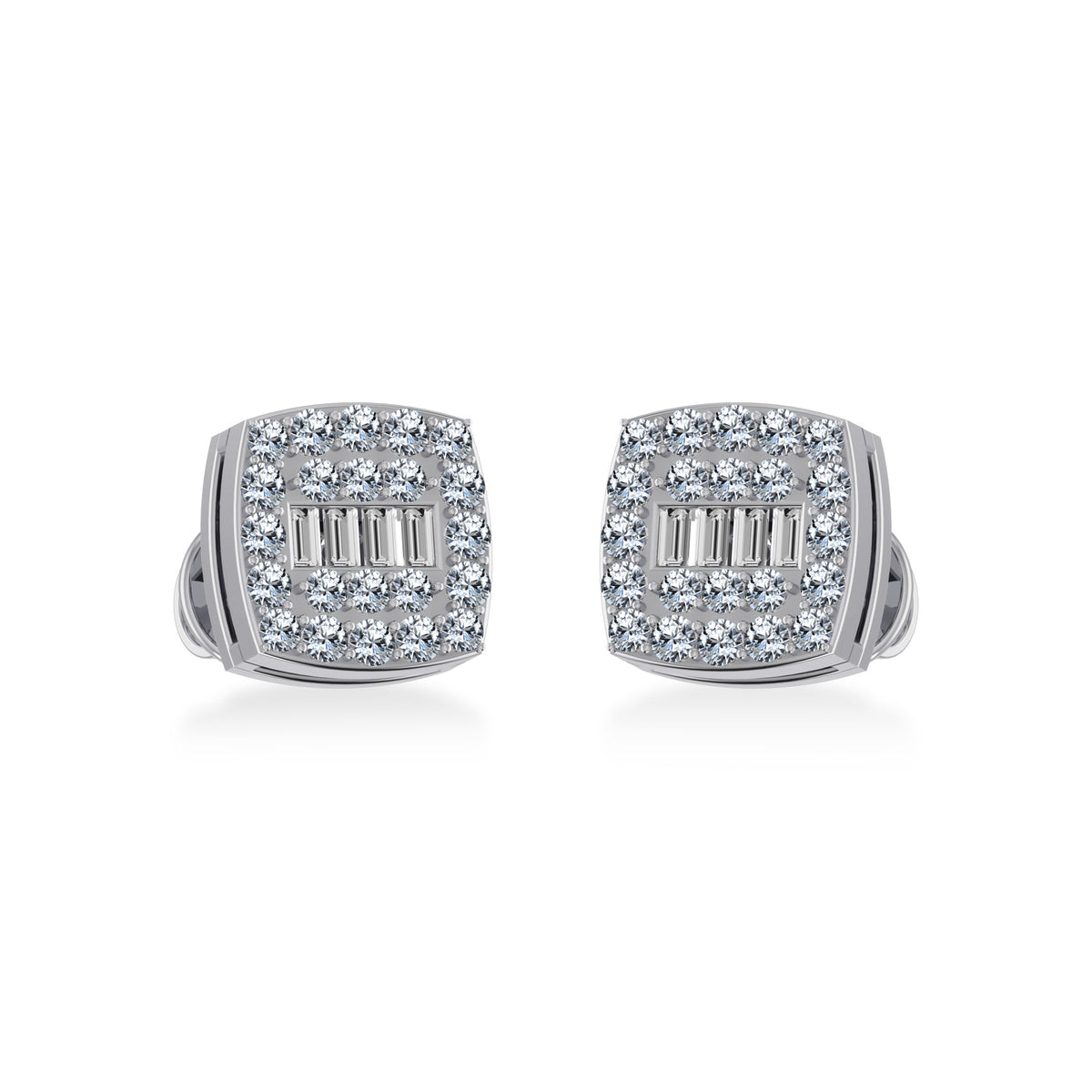 14K White Gold Round Baguette Diamond Square Shape Cluster Stud Earring 1/4 Cttw