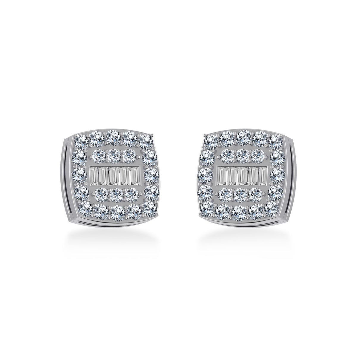 14K White Gold Round Baguette Diamond Square Shape Cluster Stud EarRing 1/2 Cttw