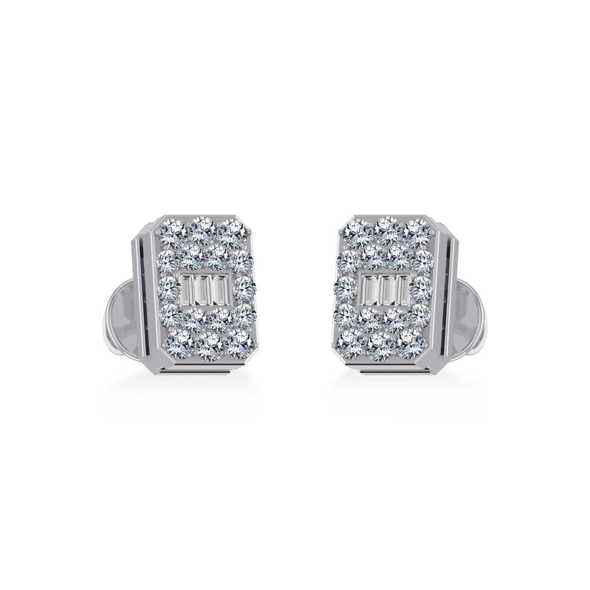 14K White Gold Baguette Diamond Emerald Shape Cluster Stud EarRing 1/5 Cttw