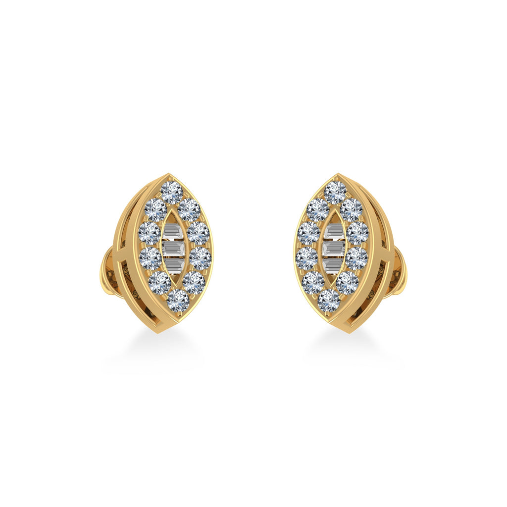 14K Yellow Gold Baguette Diamond Marquise Shape Cluster Stud EarRing 1/8 Cttw