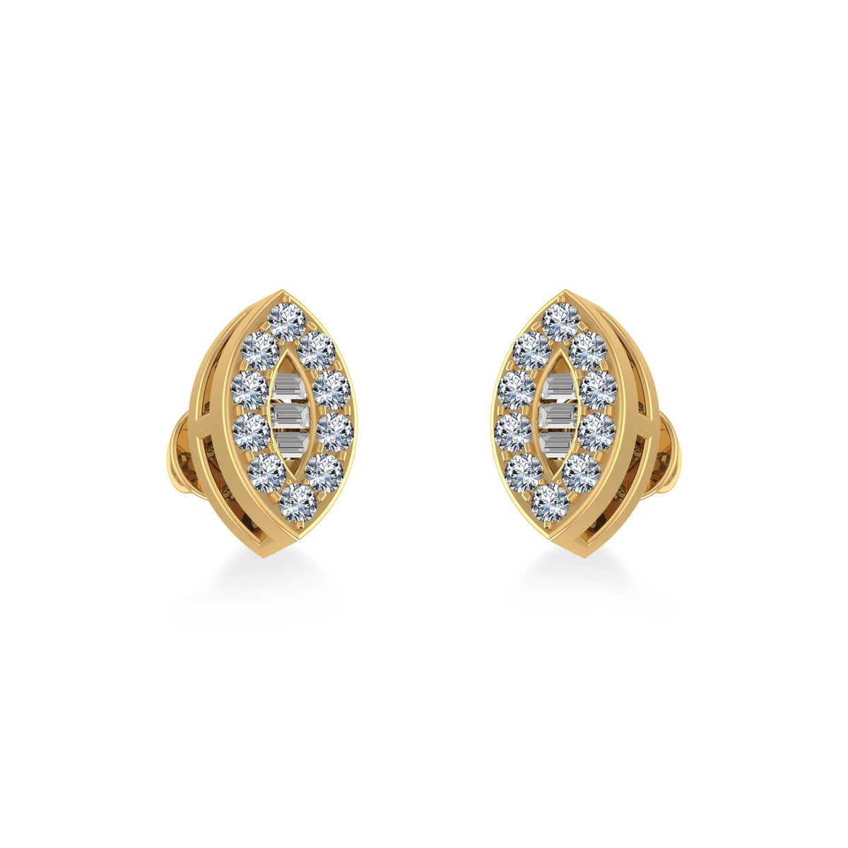 14K Yellow Gold Baguette Diamond Marquise Shape Cluster Stud EarRing 1/8 Cttw
