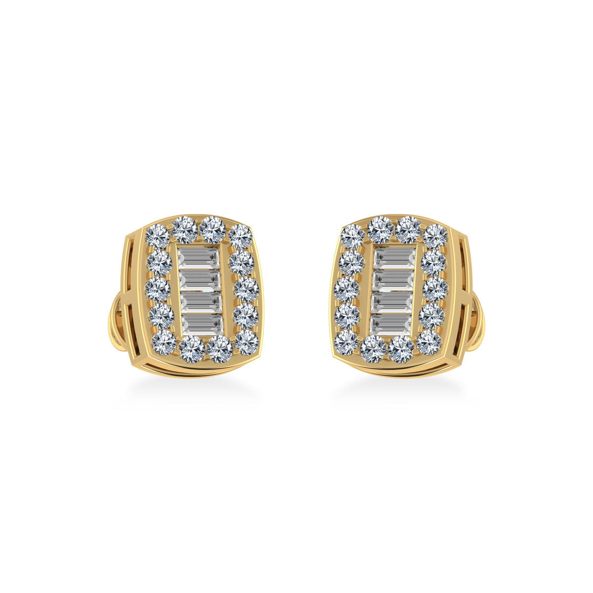 14K Yellow Gold Round Baguette Diamond Stud Earring 3/8 Cttw