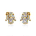 14K Yellow Gold Round Baguette Diamond Hamza Hand Religious Stud Earrings 1/5 Cttw