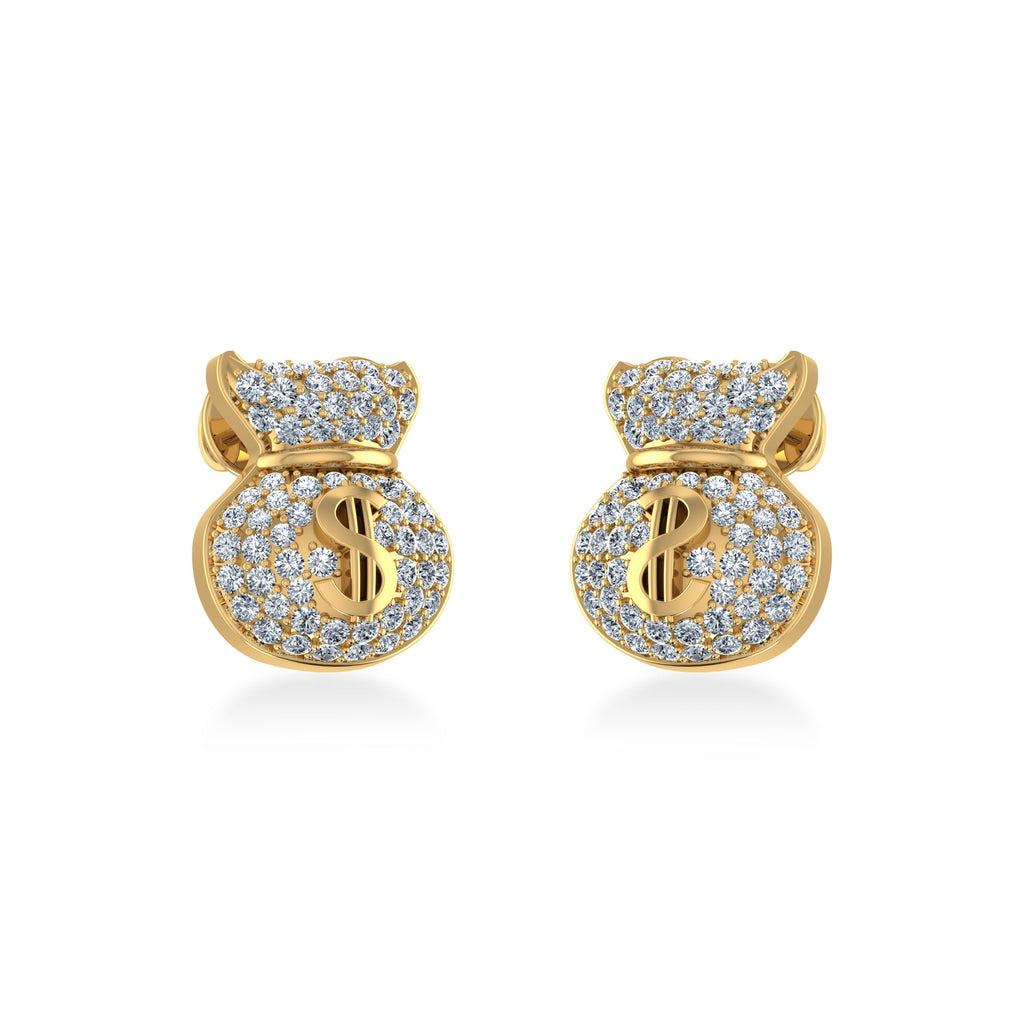 14K Yellow Gold Round Diamond Money Dollar Bag Designer Stud Earrings 1/6 Cttw