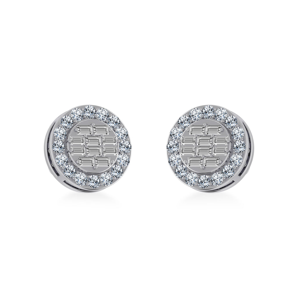 14K White Gold Round Baguette Diamond Halo Stud Earrings 1/2 Cttw