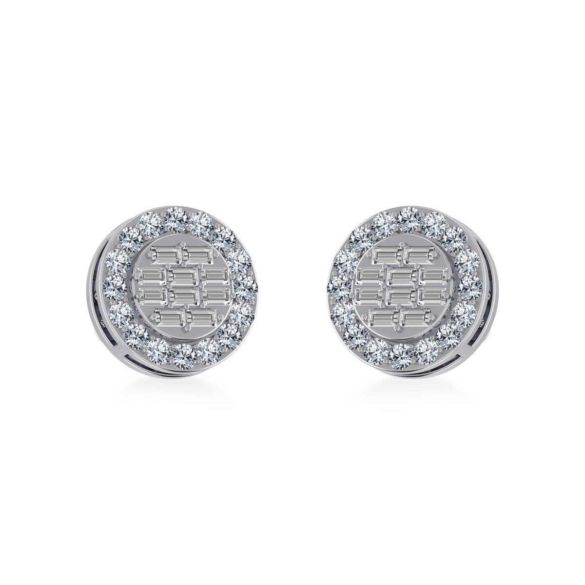 14K White Gold Round Baguette Diamond Halo Stud Earrings 1/2 Cttw