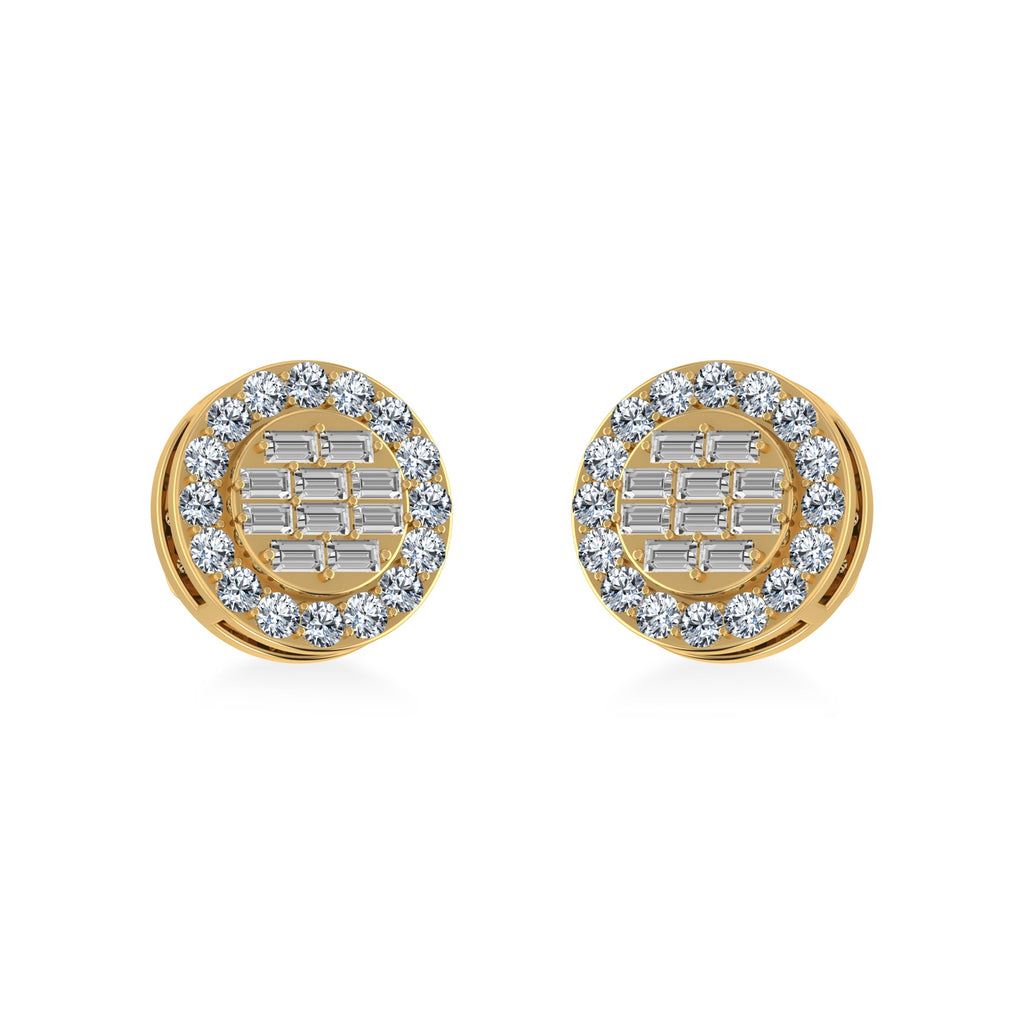 14K Yellow Gold Round Baguette Diamond Halo Stud Earrings 1/2 Cttw