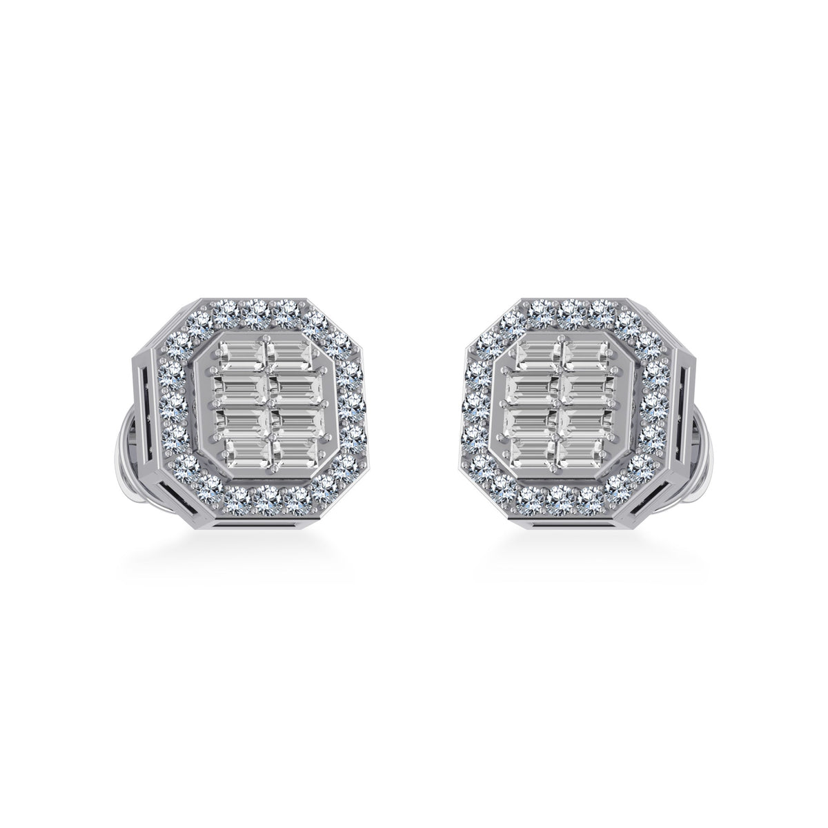 14K White Gold Round Baguette Diamond Stud Earrings 1/4 Cttw