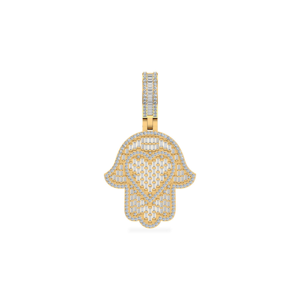 10K Yellow Gold Round Baguette Diamond Heart Hamza Hand Religious Charm Pendant 1-3/4 Cttw