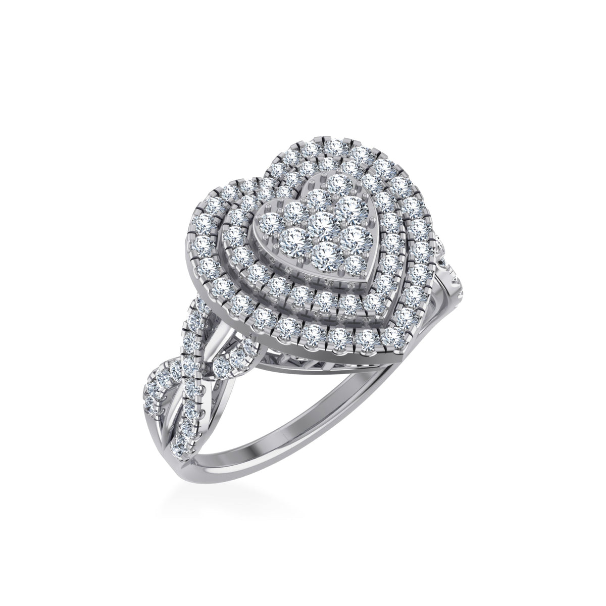 10K White Gold Round Diamond Two Row Heart Shape Womens Ring SZ 7 1 Cttw