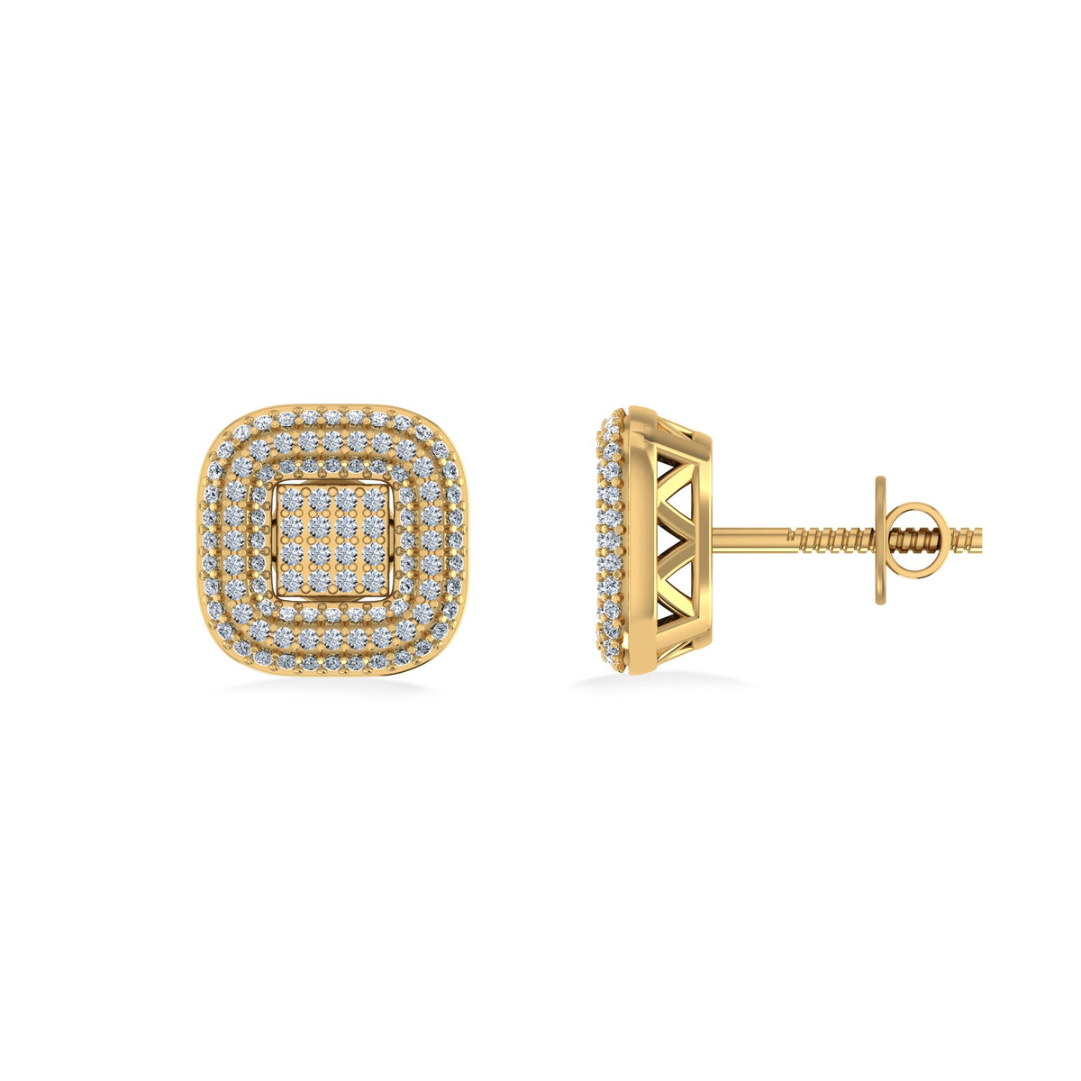 10K Yellow Gold Round Diamond Square Shape Designer Mens Stud Earring 1/4 Cttw