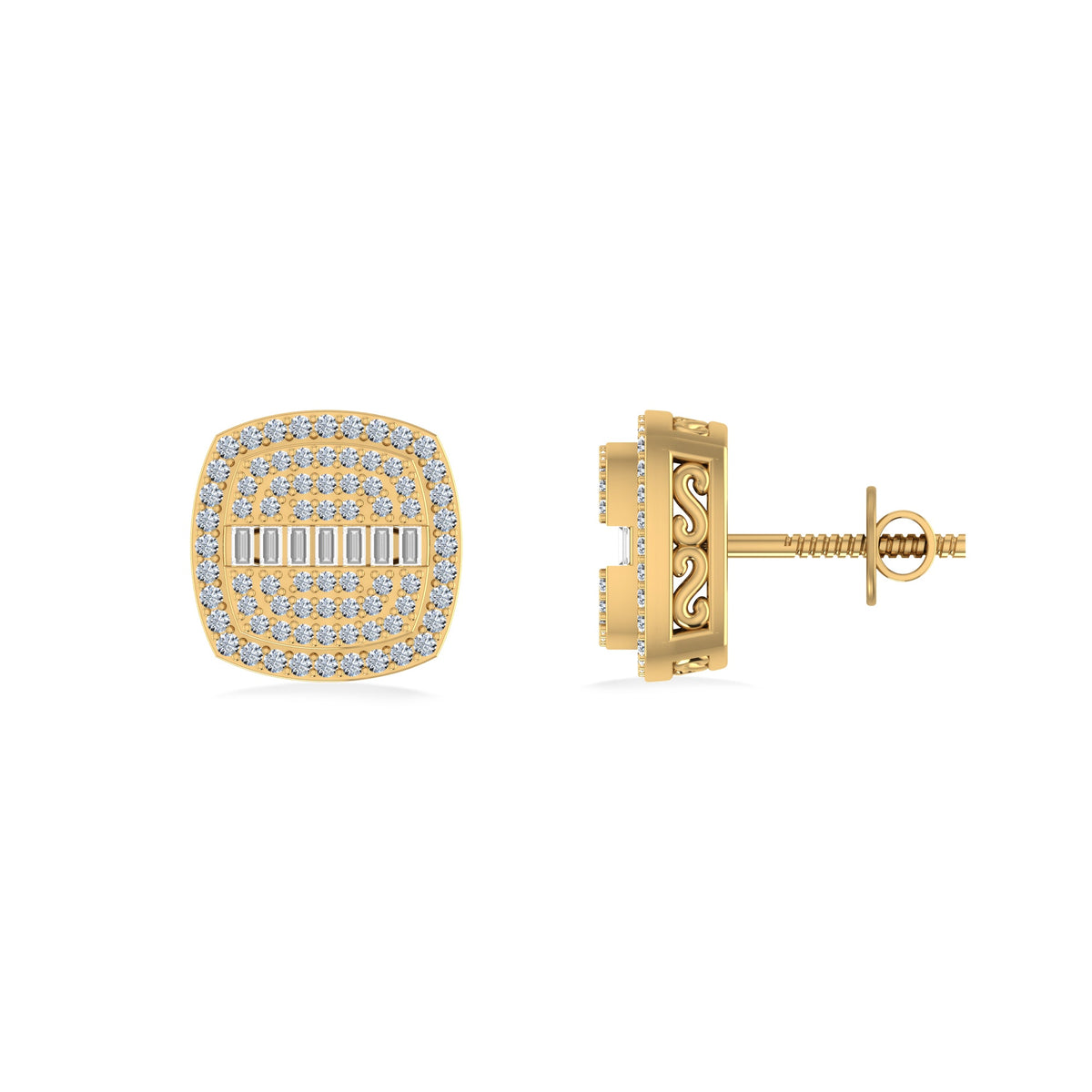10K Yellow Gold Round Baguette Diamond Square Shape Designer Mens Stud Earring 1/3 Cttw