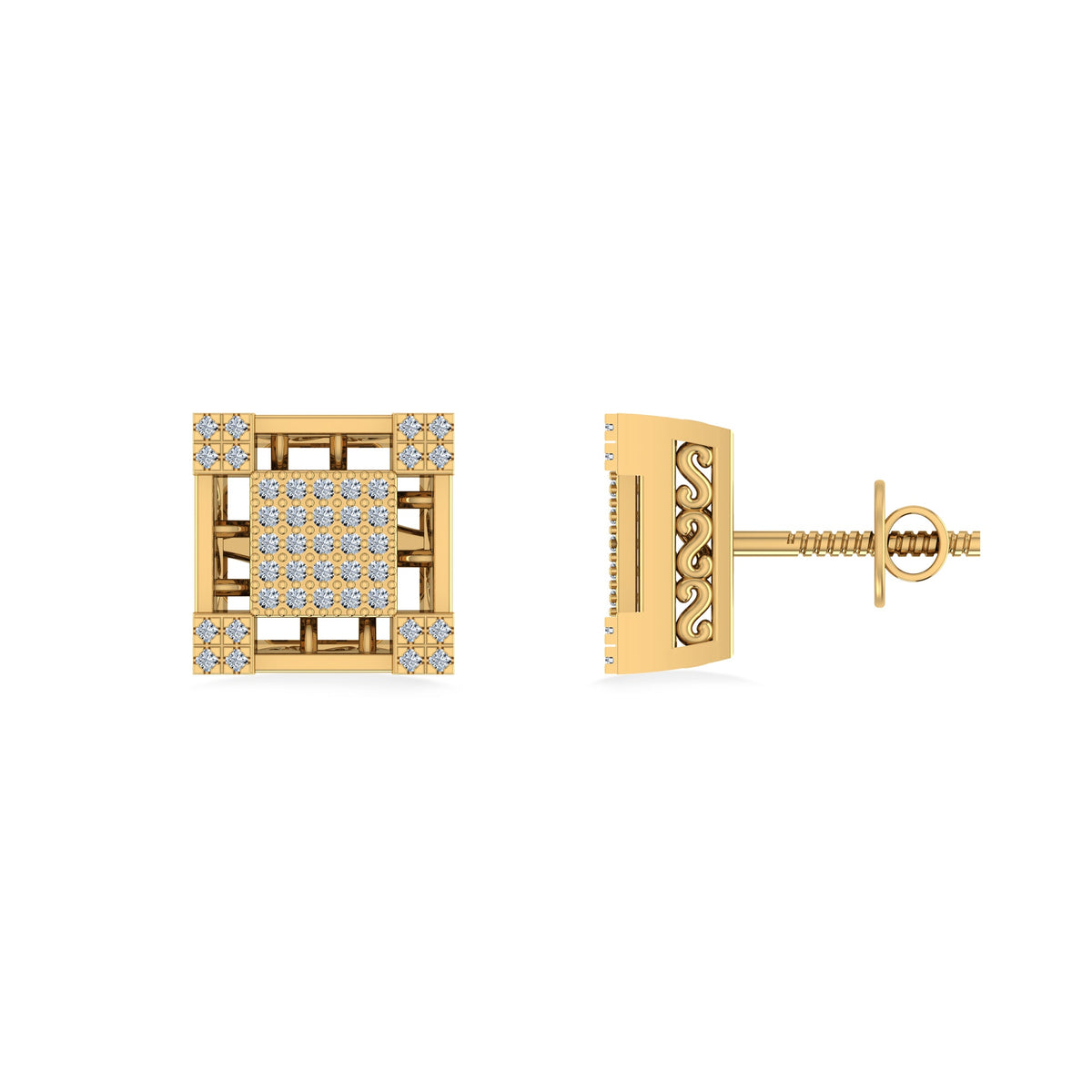 10K Yellow Gold Round Baguette Diamond Square Shape Designer Mens Stud Earring 3/8 Cttw