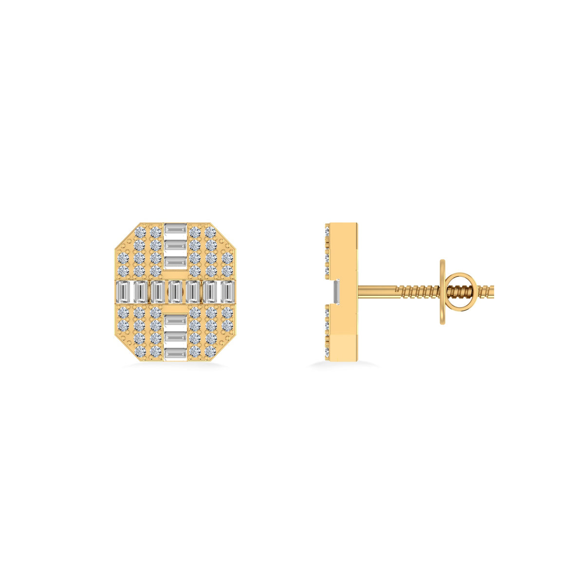 10K Yellow Gold Round Baguette Diamond Designer Mens Stud Earring 1/3 Cttw