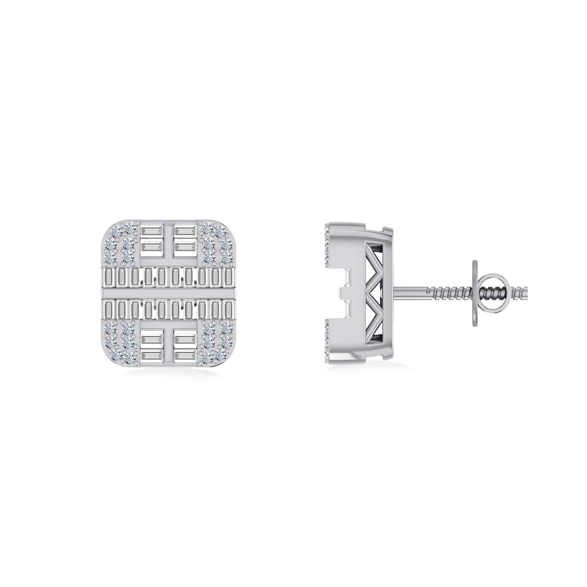 10K White Gold Round Diamond Square Shape Designer Mens Stud Earring 1/3 Cttw