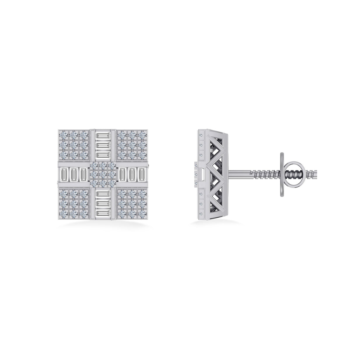 10K White Gold Round Baguette Diamond Square Shape Designer Mens Stud Earring 1/3 Cttw