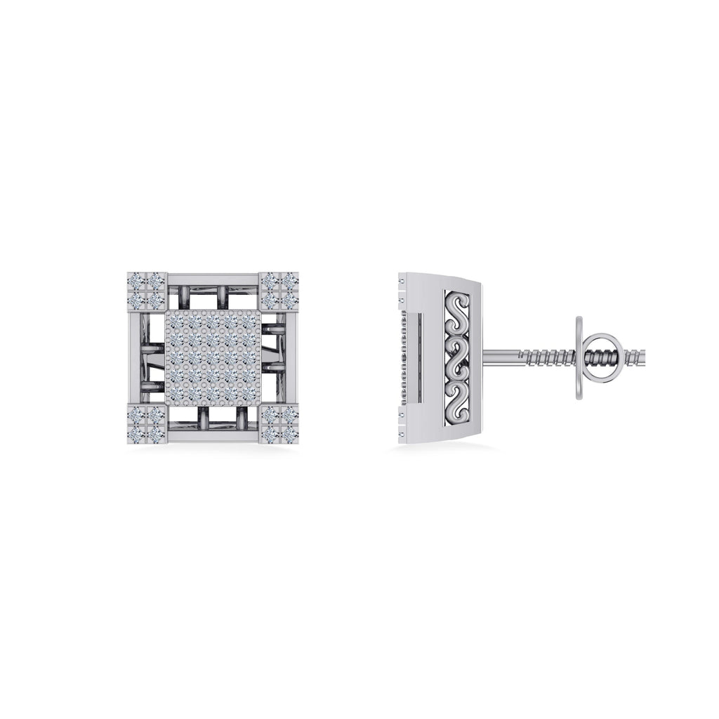 10K White Gold Round Baguette Diamond Square Shape Designer Mens Stud Earring 3/8 Cttw