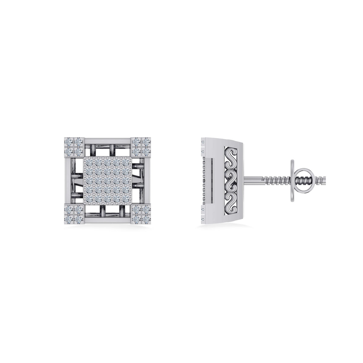 10K White Gold Round Baguette Diamond Square Shape Designer Mens Stud Earring 3/8 Cttw