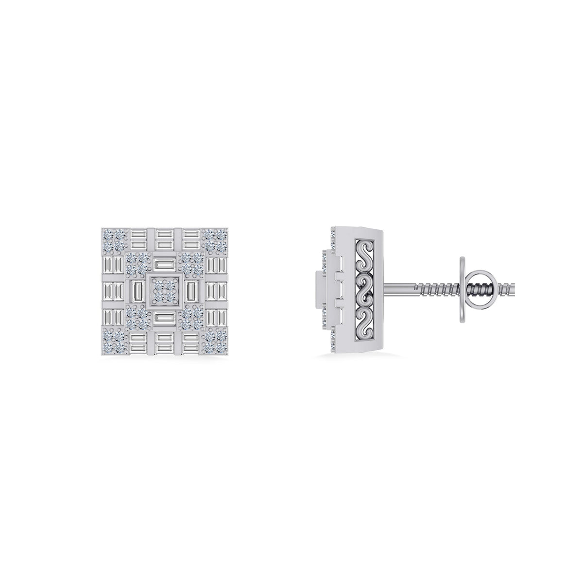 10K White Gold Round Baguette Diamond Square Shape Designer Mens Stud Earring 3/8 Cttw