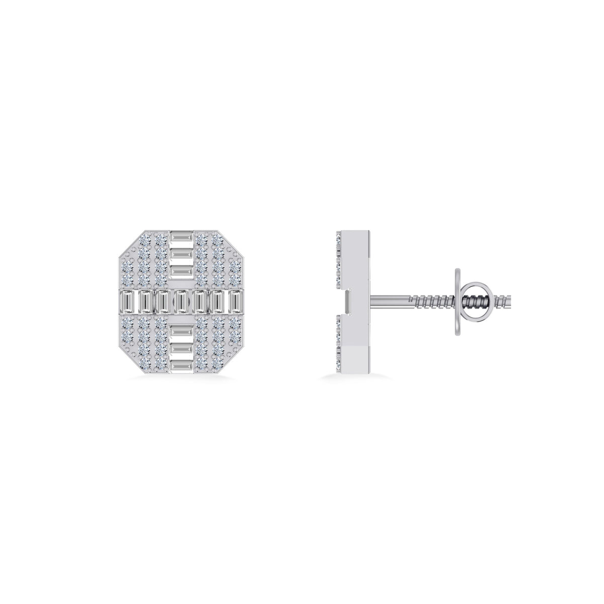 10K White Gold Round Baguette Diamond Designer Mens Stud Earring 1/3 Cttw