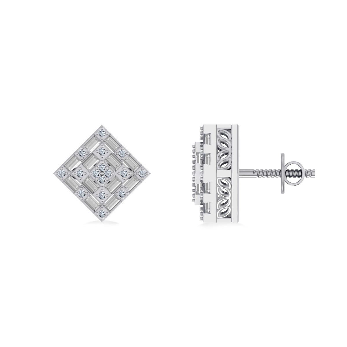 10K White Gold Round Baguette Diamond Square Shape Designer Mens Stud Earring 1/3 Cttw