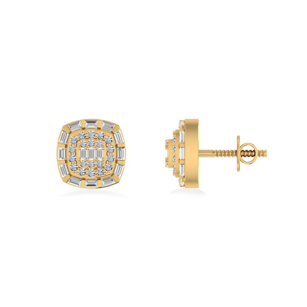 10K Yellow Gold Round Baguette Diamond Square Designer Earring 1/2 Cttw