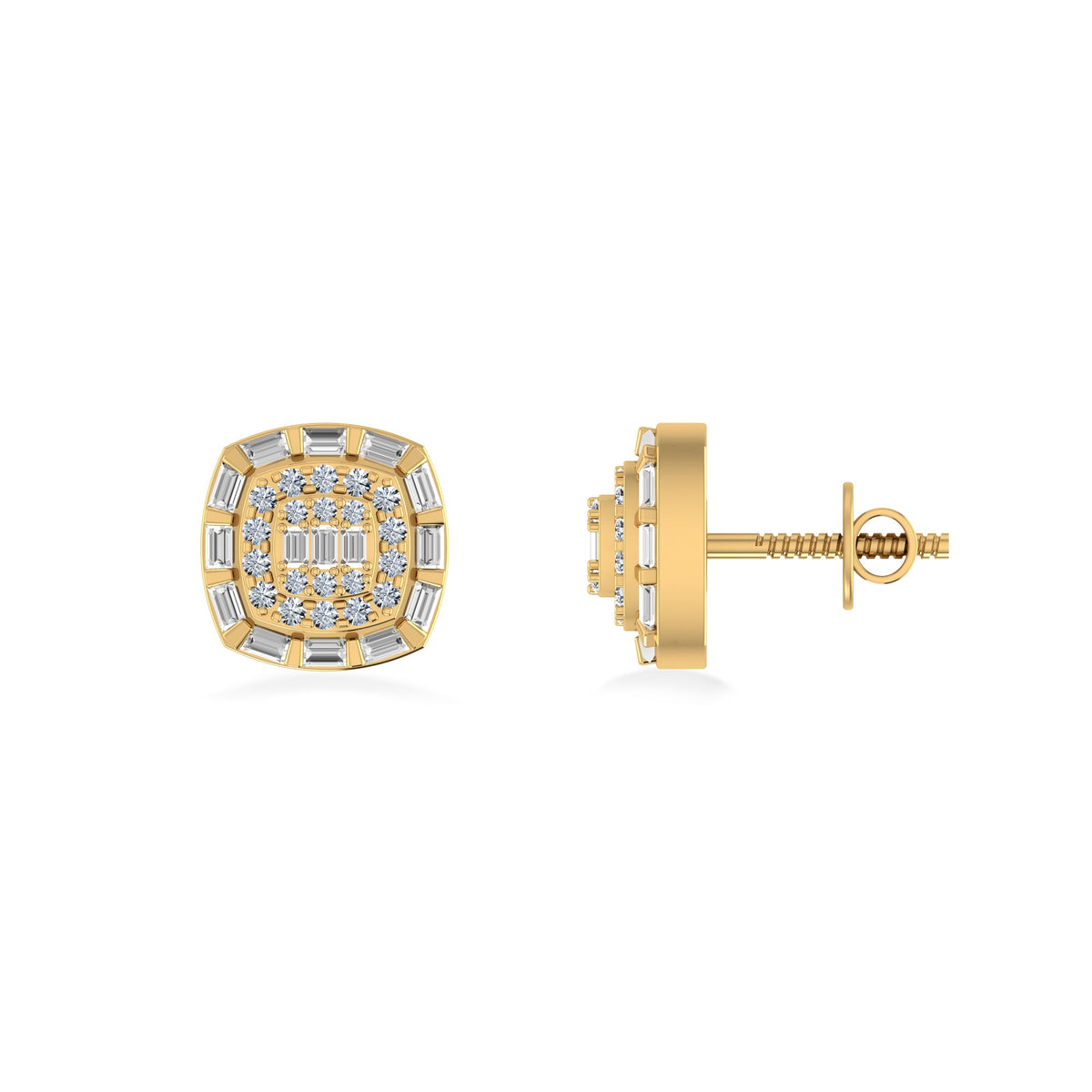 10K Yellow Gold Round Baguette Diamond Square Designer Earring 1/2 Cttw