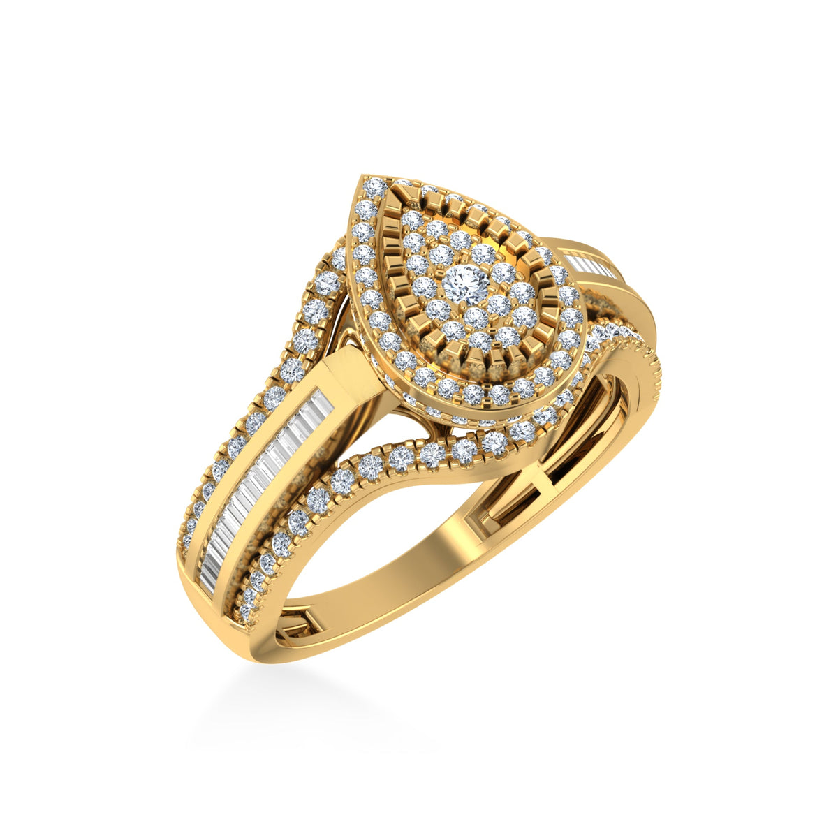 10K Yellow Gold Round Baguette Diamond Pear Shape Sz 7 Designer Ladies Ring 3/4 Cttw