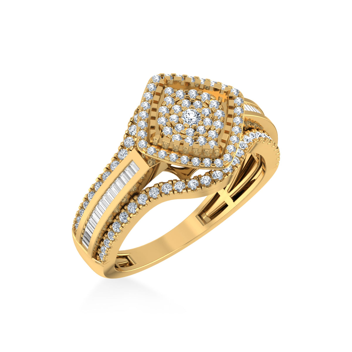 10K Yellow Gold Round Baguette Diamond Square Head Sz 7 Designer Ladies Ring 3/4 Cttw
