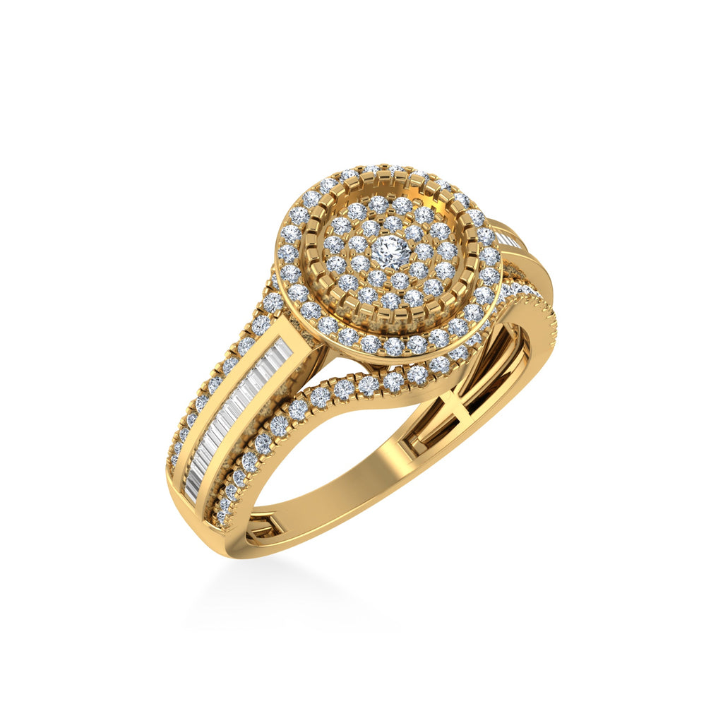 10K Yellow Gold Round Baguette Diamond Halo Sz 7 Designer Ladies Ring 7/8 Cttw