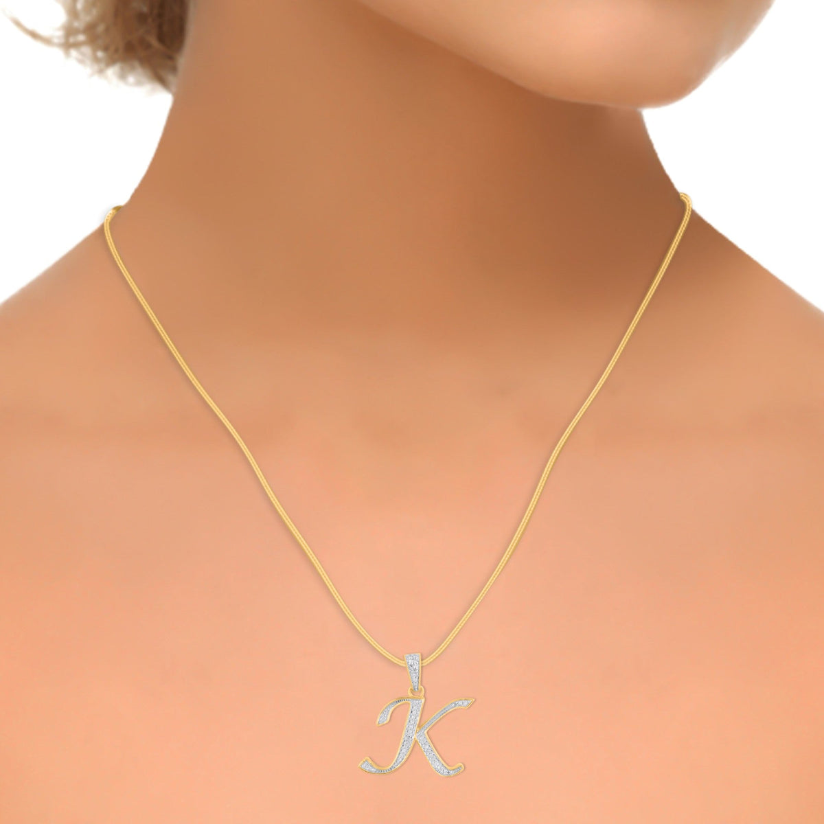 10K Yellow Gold Round Diamond K Letter Initial Pendant 1/10 Cttw