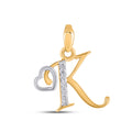 10K Yellow Gold Round Diamond K Letter Initial With Heart Pendant 1/10 Cttw